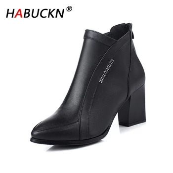 

HABUCKN Women ankle boot pointed toe 2020 leather wool boots women winter high heel sexy red party women boots dress shoes