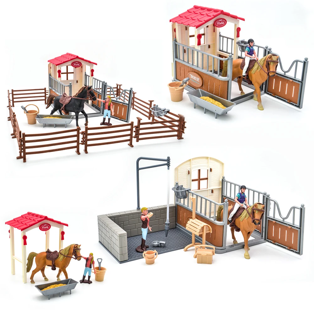 Animali Da Fattoria Rider Feeder Horse Stable Stall Wash Area Riding School Sets Rabbit Hutch Chicken Coop Recinto Recinto Modello Giocattoli Per Bamb