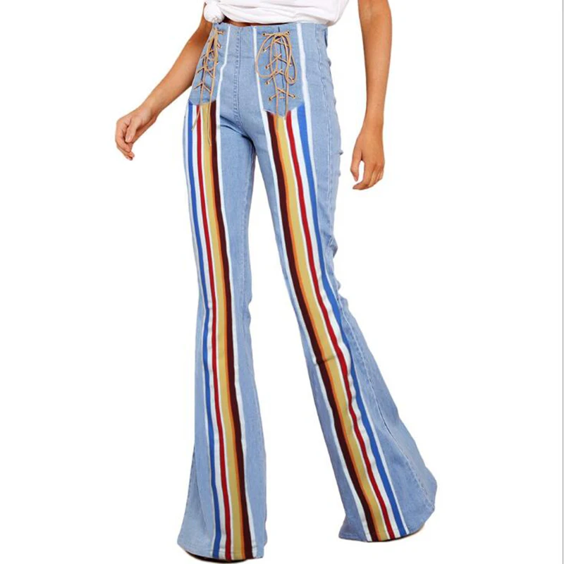 

High waist drop flared pants female summer loose rainbow strip stitching mopping jeans 2019 Pants Women Casual Jeans