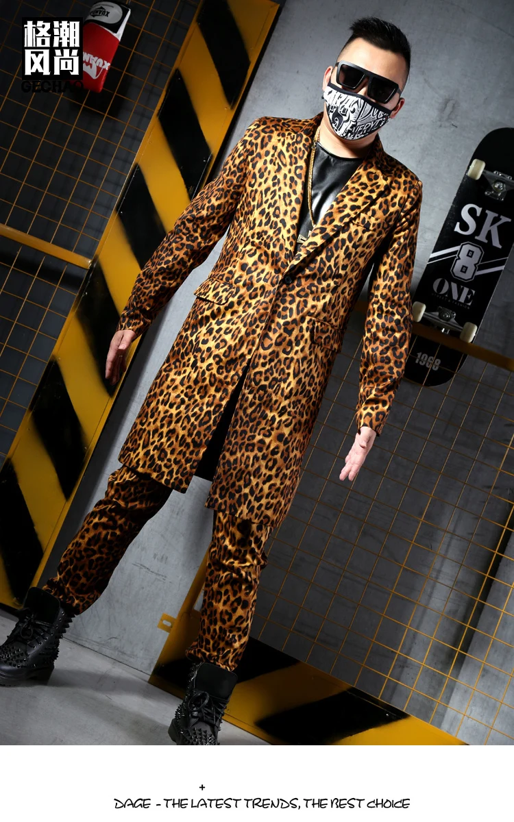 Повседневный Леопардовый приталенный длинный мужской костюм, куртка, костюм, пальто, мужской модный танцор певец, хип-хоп костюм, сценическая одежда