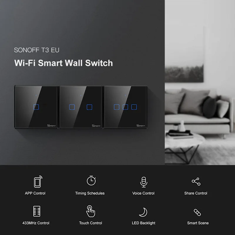 Умный настенный сенсорный выключатель Sonoff T3 EU 2C TX с Wi Fi и границей 433