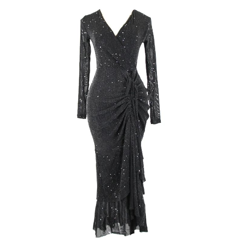 Платье для латинских танцев, женское, взрослое, Румба, танго, Сальса Самба, ча-ча, одежда, черное, с длинным рукавом, сексуальное, просвечивающее, Сетчатое, раздельное, платья DN4349 - Цвет: Черный