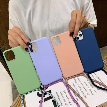 

candy color silicone phone case for samsung s8 9 10lite cute tpu back cover coque with neck strap samsumg note8 10 A50 60 70