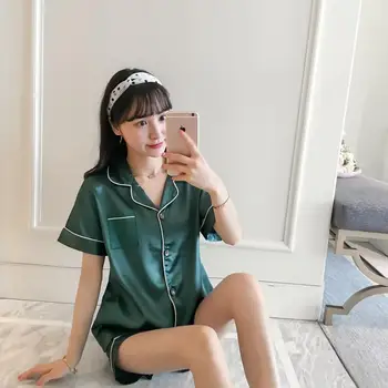 

2020 New Summer Short Sleeve Silk Satin Pajama Set Two Piece Women Sleepwear Sexy Nightwear Women Shorts Pyjama Homewear pijama