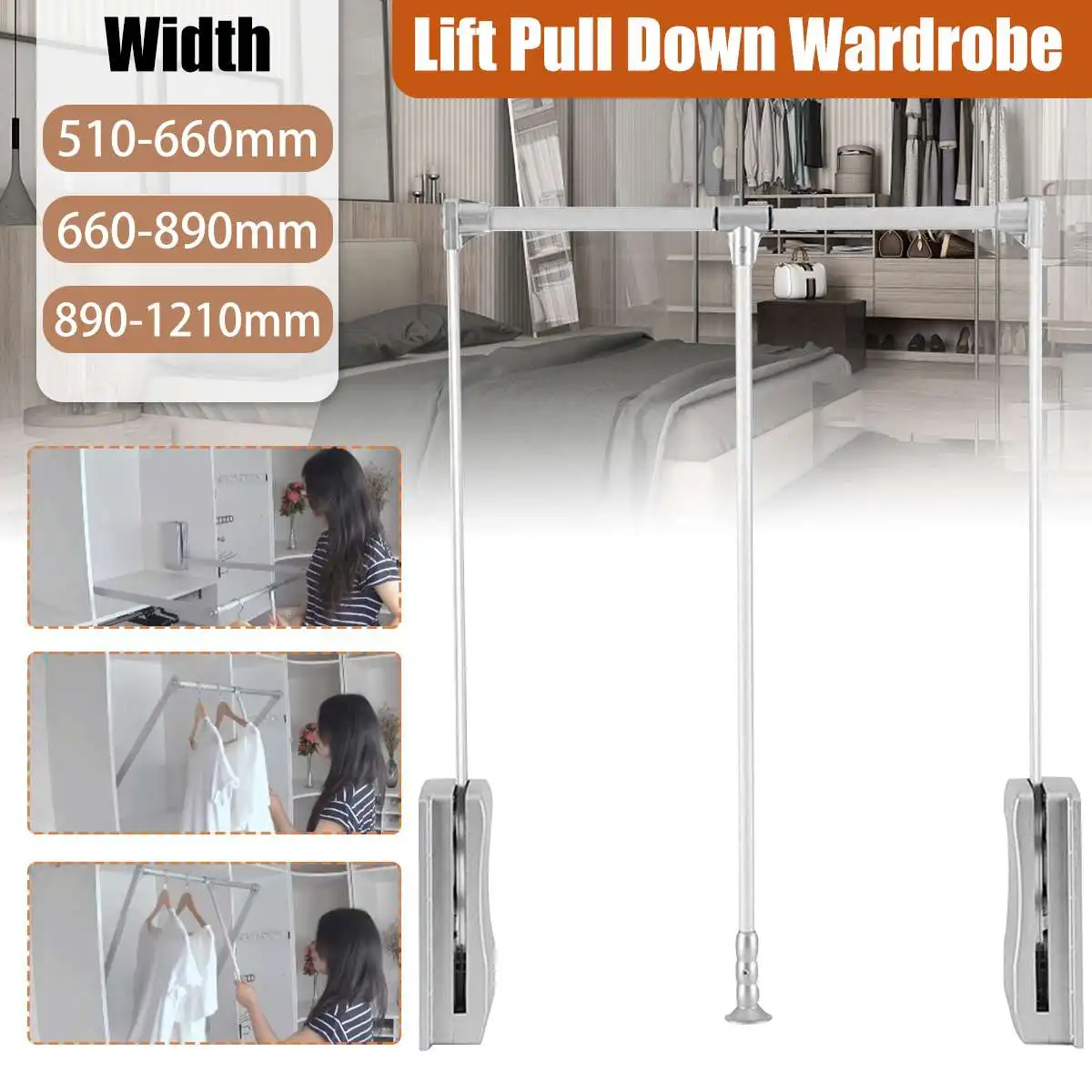 Lifting/ Pull Down Clothe Rock Adjustable Width Wardrobe Holder Hanging Rail Soft Return Space Saving 30Kg Loading 3 sizes