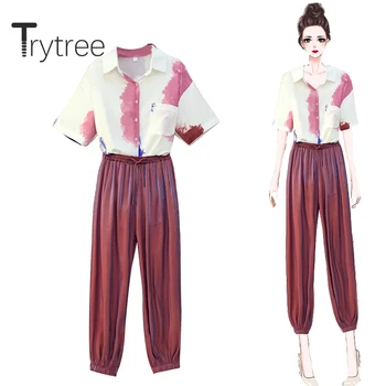 

Trytree 2020 Summer Women two piece set Casual Turn-down Collar Single Breasted Tie-dye Top + Pants Elastic Waist 2 piece Set