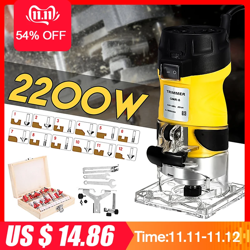 Günstig 2200W Elektrische Hand Trimmer Holz Router 6,35mm Holzbearbeitung Laminator Zimmerei Trimmen Schneiden Carving Maschine Power Tool