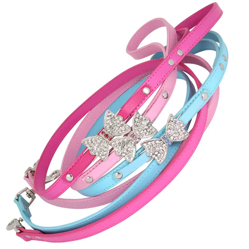 

Leather Pet Puppy Dog Collar Leash with Bling Rhinestone Bowknot for Small Dog Cat Chihuahua Collar Pet Products
