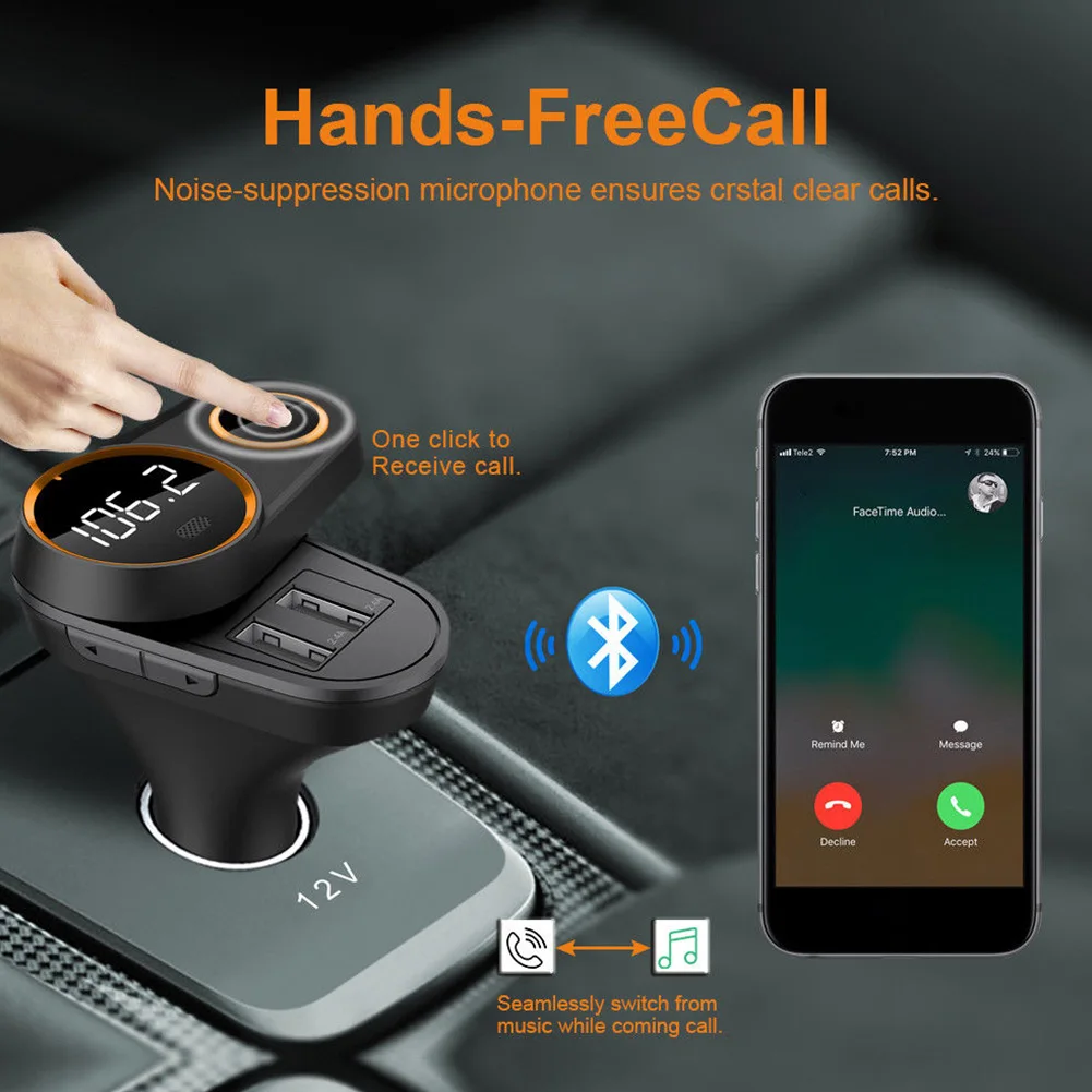Двойной USB Hands Free OLED экран Bluetooth Анти-помехи fm-передатчик Автомобильный mp3 плеер телефон зарядное устройство беспроводной дисплей 1,2 дюймов