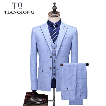 

TIAN QIONG Elegant 3 Piece Men Plaid Suits Blue Check Suit Design for Men High Quality Mens Wedding Suits Blazers with Pants