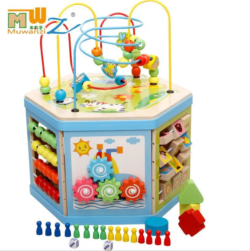 

Children'S Educational Early Childhood Wooden Korean-style Six-Sided Multi-functional Large Size Bead-stringing Toy Beaded Brace