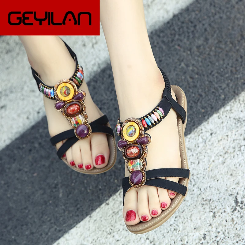 

Fericzot Bnhemian Style rainbow color Elastic band string bead Sandals Casual Wild Beach Non-slip Outdoor light Slippers flat