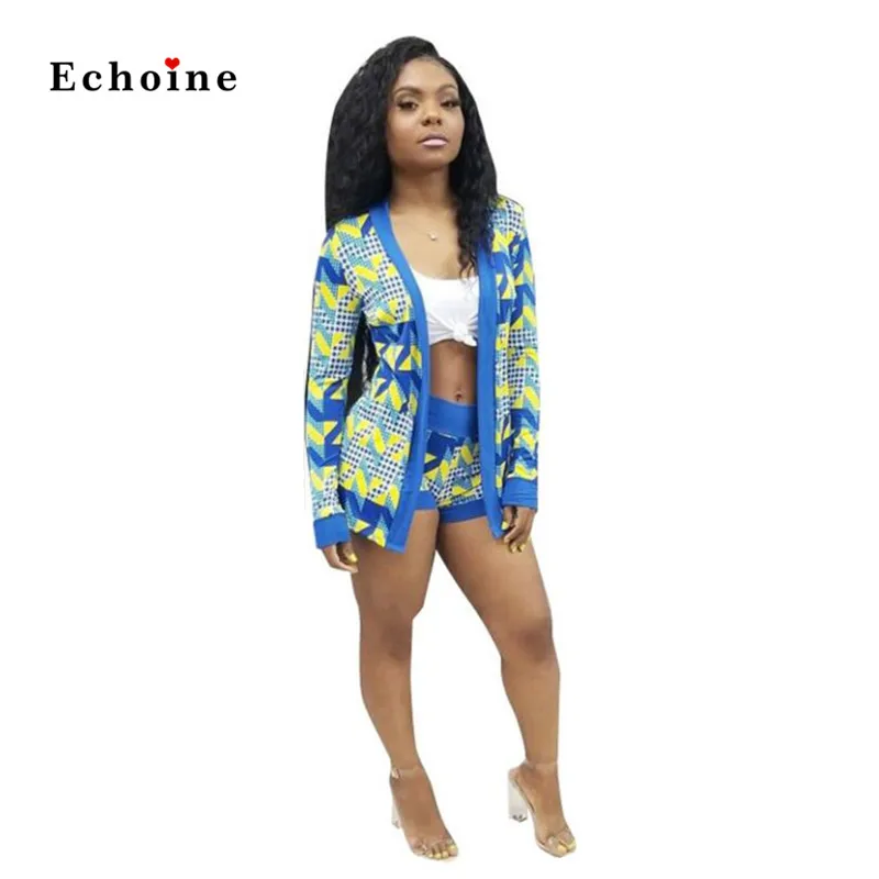 

Echoine Modern Women 2 Pcs Set Casual Printed Tops Long Sleeve High Street Suit Short Pants Sport Wear Female Outfits Tracksuits