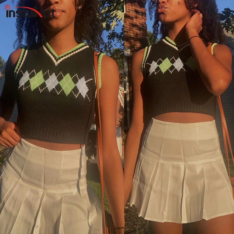 

InstaHot Knitted Plaid Tank Tops V Neck Women Crop Tops Patchwork Fitted Sleeveless Casual Streetwear England Vest Summer Tops