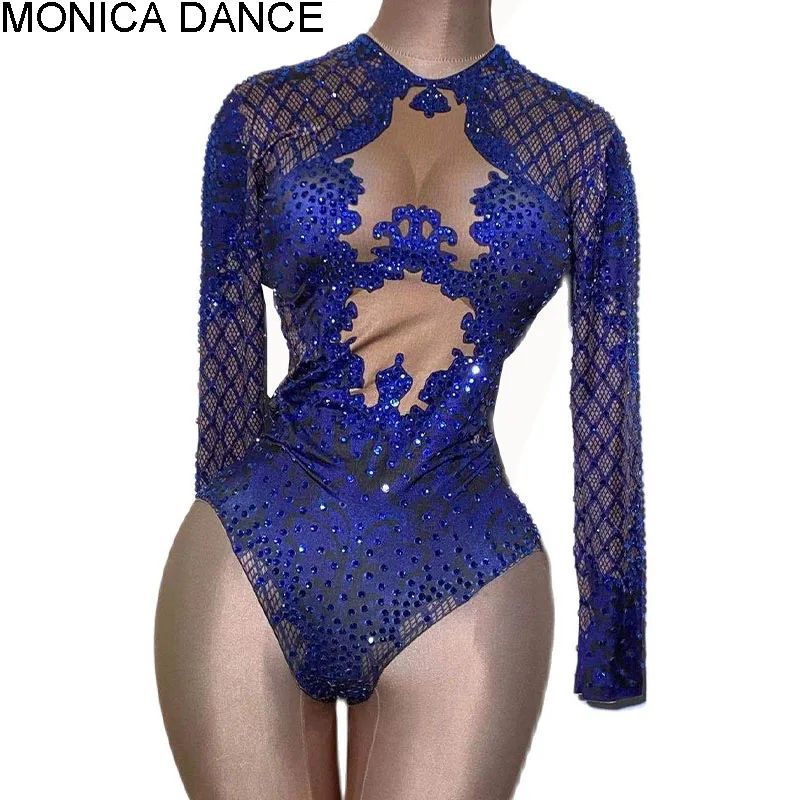 

Sexy Blue Print Rhinestone Dancer Bodysuit Women Long Sleeve Elastic Crystal Jumpsuit Female Club Showgirl Stage Leotard Costume