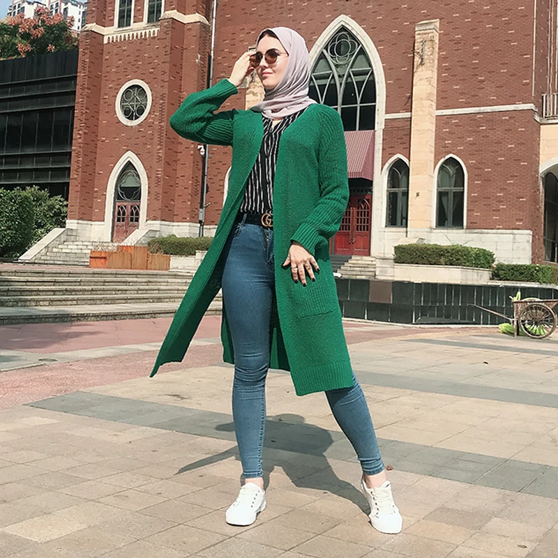 Зимний женский свитер абайя кимоно Кафтан Дубай турецкий хиджаб мусульманское платье кардиган Исламская одежда абайя s Caftan Kleding - Цвет: Green Sweater
