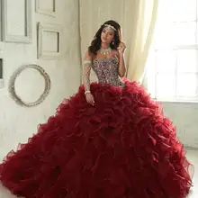 Темно-красные органза платья для выпускного с бисером Кристалл Каскадное бальное платье с оборками Сладкий 16 выпускное платье vestidos De 15 Anos
