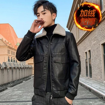 

New Mens Short Leather Jacket Plush Liner Warm Coat Lapel Black Casual Male Jackets Big Size XXXL K57