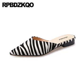 

mules slip on chic china flats high quality striped black and white pointed toe designer shoes women luxury 2019 genuine leather