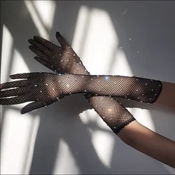Sexy Elastic Mesh Gloves With Colored Flash Diamonds Cosplay Hollow Fishing Net Punk Hiphop Christmas Women's Gloves Unisex