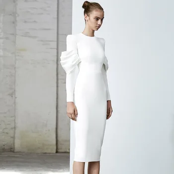 

Ocstrade Women White Bandage Dress 2020 Spring Sexy Midi Long Sleeve Bandage Dress Bodycon Celebrity Evening Club Party Dress