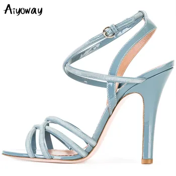 

Aiyoway Fashion Women Open Toe High Heel Stiletto Summer Sandals Strappy Ankle Buckle Light Blue Party Evening Dress Shoes