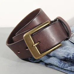 Vintage Luxury Handmade Leather Belt with Copper Buckle - Retro Cowhide All-Match Casual Belt - 105cm (Brown)