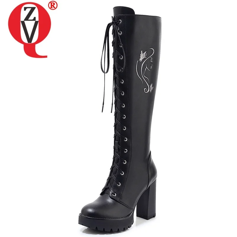 

ZVQ winter warm new fashion genuine leather knee high boots super high heels platform zip cross-tied women shoes drop shipping