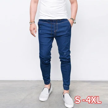 

Plus Size Men Harem Jeans Washed Ankle Length Skinny Slim Denim Jeans Hip Hop Sportswear Elastic Waist Drawstring Joggers Pants