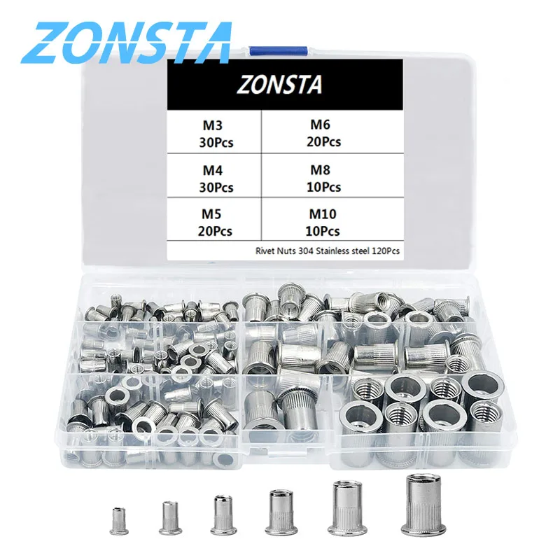 

120Pcs M3 M4 M5 M6 M8 M10 Rivet Nuts Set 304 Stainless Steel Flat Head Threaded Insert Nut Rivet Cap Set Threaded Insert Nut Kit