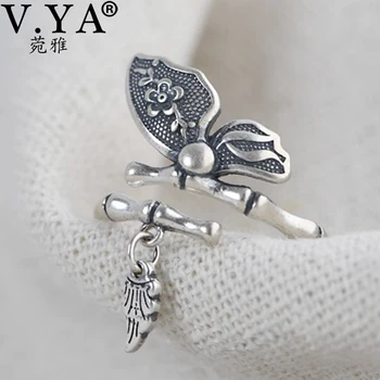

V.YA Adjustable Butterfly Ring S925 Sterling Silver Open Ring For Women Bamboo Design Creative Female Jewelery Gift