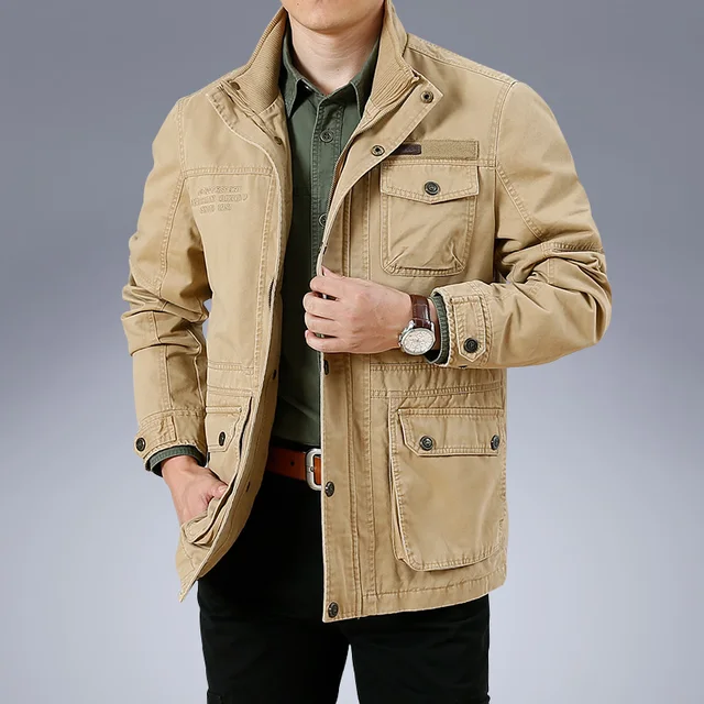 Cotton Khaki Loose Mid-length Jacket 