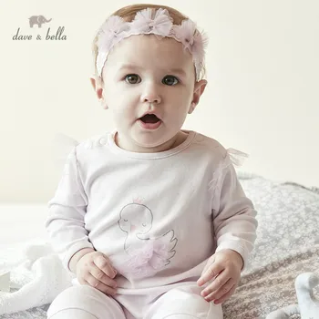 

DBH13051 dave bella spring new born baby girls fashion cartoon jumpsuits infant toddler clothes children romper with headband