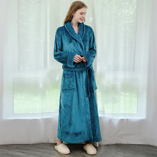 women lake blue Мужской теплый фланелевый зимний Халат коралловый халат из флиса удлиненный плотный халат для мужчин и женщин, свободное кимоно в клетку, банные халаты - Цвет: women lake blue