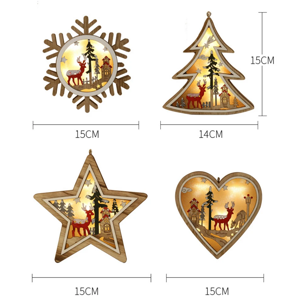 15cm Wooden Christmas Ornament Night Light Hollow Wood Hanging Pendant Decoration Lights for Home Bedroom Xmas Tree Decoration
