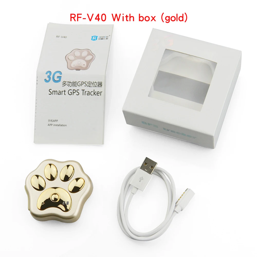 With box(gold) Водонепроницаемый смарт 3g WCDMA Домашние животные gps трекер RF-V40 Высокая точность GSM Wi-Fi Глобальный Локация голосовой монитор низкий аккумулятор напоминания - Цвет: With box(gold)