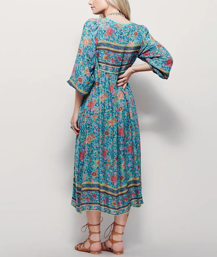 С бахромой V образным вырезом Boho Макси женское платье Средний рукав цветочные винтажные пляжные платья модные вечерние платья Vestido