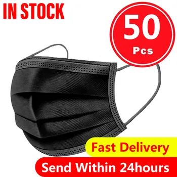 

50PCS Disposable Black Adult Protective Mask Anti Dust Anti Droplets 3 Layers Filter Earloop Non Woven Face Mouth Mask