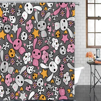 

Cartoon Bath Curtain Rabbit Clouds Red Hearts Bones Shower Curtain Waterproof Polyester Fabric Bathroom Decor
