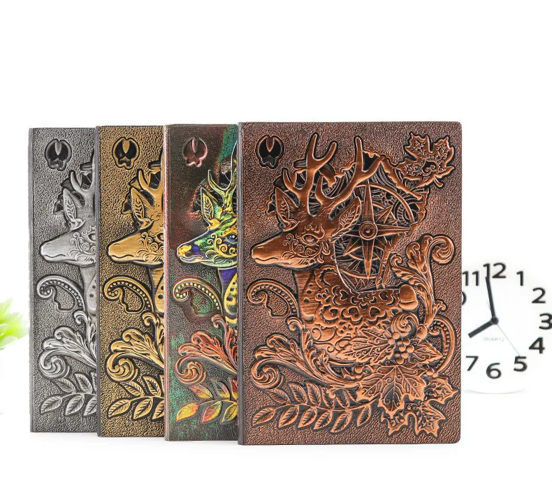 

2019 retro blank inside page notepad hardcover leather face book A5 relief planner notebook brush gold side of the book