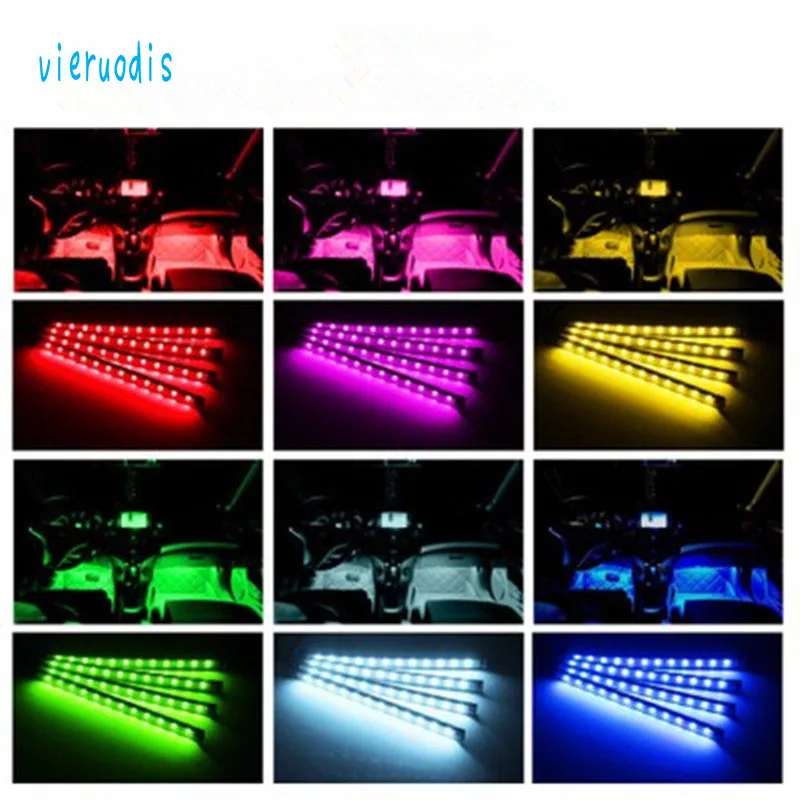 Vierudios 4 шт., автомобильный RGB 9 светодиодный светильник, автомобильный атмосферный светильник, интерьерный светильник, светильник для сигарет, яркий с пультом дистанционного управления 12 В