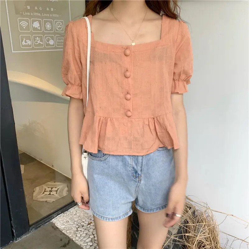 Alien Kitty 2019 Korea All Match Square Collar Solid Ruffles Chic Sweet Loose Office Ladies Simple Fresh High Waist Short Shirts | Женская