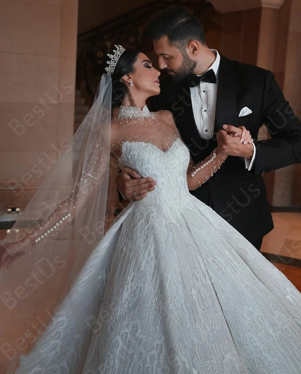 Арабская, Дубай винтажные Свадебные платья с высоким воротником, длинным рукавом, Роскошные блестками свадебное платье для съемки в саду vestido de novia