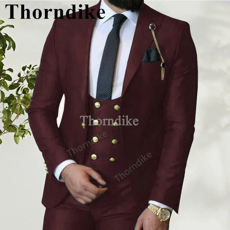 Thorndike One Button Men's Full Suit Wedding Dress Tuxedo Tailored Formal Suit for Men 3 Pieces Bussiness Jacket Vest Pants Set