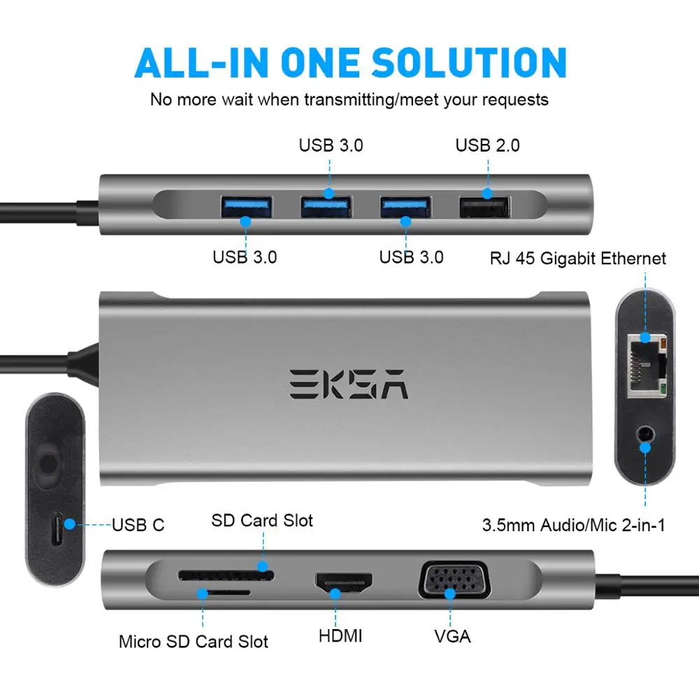 EKSA 11 In 1 USB C HUB Type C HUB to Multi USB 3.0 HMDI RJ45 VGA 3.5mm Jack PD Charging For Macbook Samsung S8/Note8 USB C