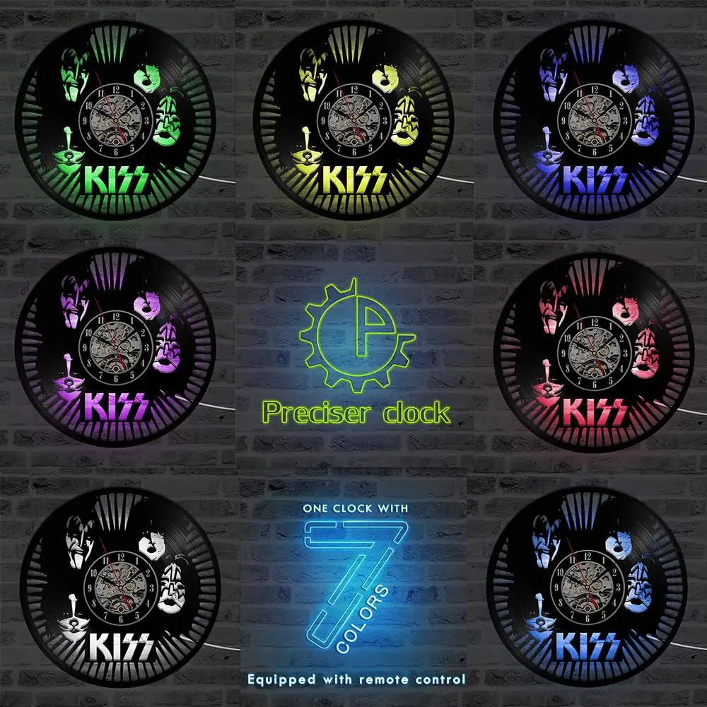 Рок-Группа Kiss светодиодный настенные часы современный дизайн классические CD часы семь цветов подсветка Виниловая пластинка настенные домашние декоративные часы бесшумные
