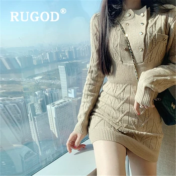 

RUGOD Vintage office ladies bodycon dress Fashion solid button twisted knitted pencil sweater dresses vestidos 2020 spring dress