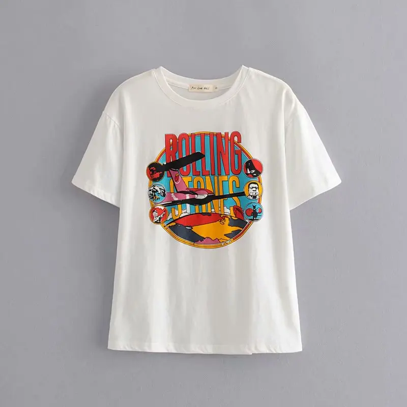 Винтажная летняя футболка бежевого цвета Rolling Stones, хлопковая Футболка с круглым вырезом и рисунком рок, уличная одежда для девочек, дизайнерская Стильная Новинка - Цвет: S99-6036