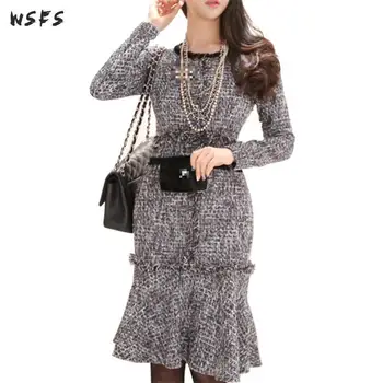 

Autumn Dresses Oneck Grey Plaid Tassel Women Dress Office Ladies Bodycon Bandage Vintage Elegant Sexy Party Midi Mermaid Clothes