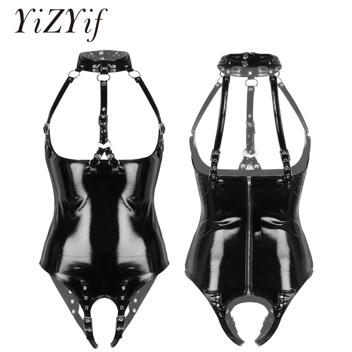 Womens Exotic Bodysuit Open Crotch Latex Costume One-piece Wetlook Patent Leather Lingerie Halter Neck Bare Breast_voghion.com